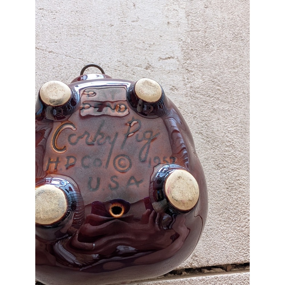 Vintage Hull Pottery 1957 Corky Pig Piggy Bank Brown Pink Drip With Cork & Ring - Picture 10 of 10